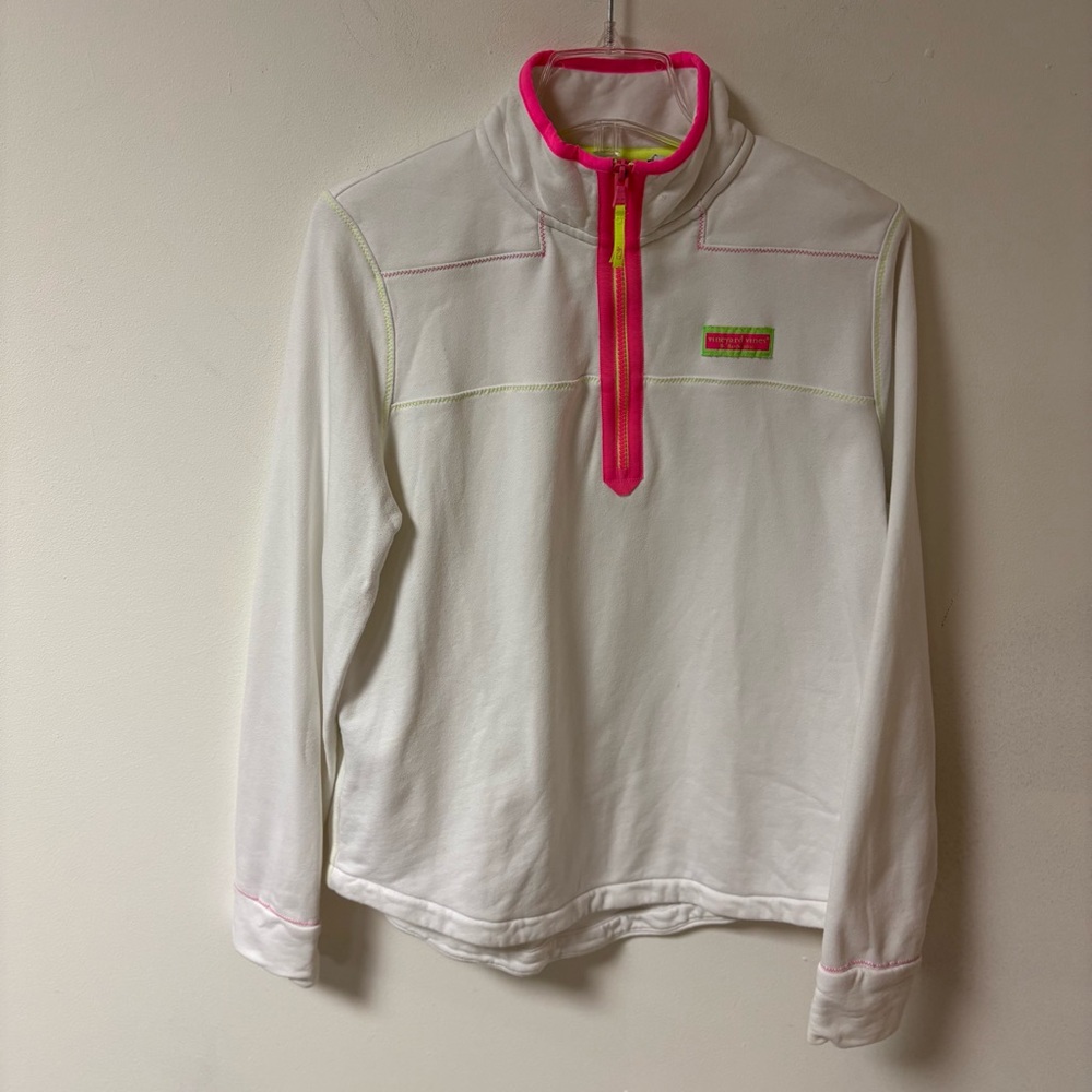 Vineyard Vines Women White and Pink Quarter-Zip Pullover St Barth Shep Large